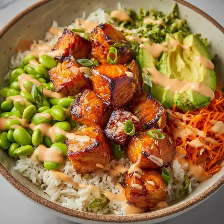 Air Fryer salmon bowl with spicy mayo and fresh vegetables