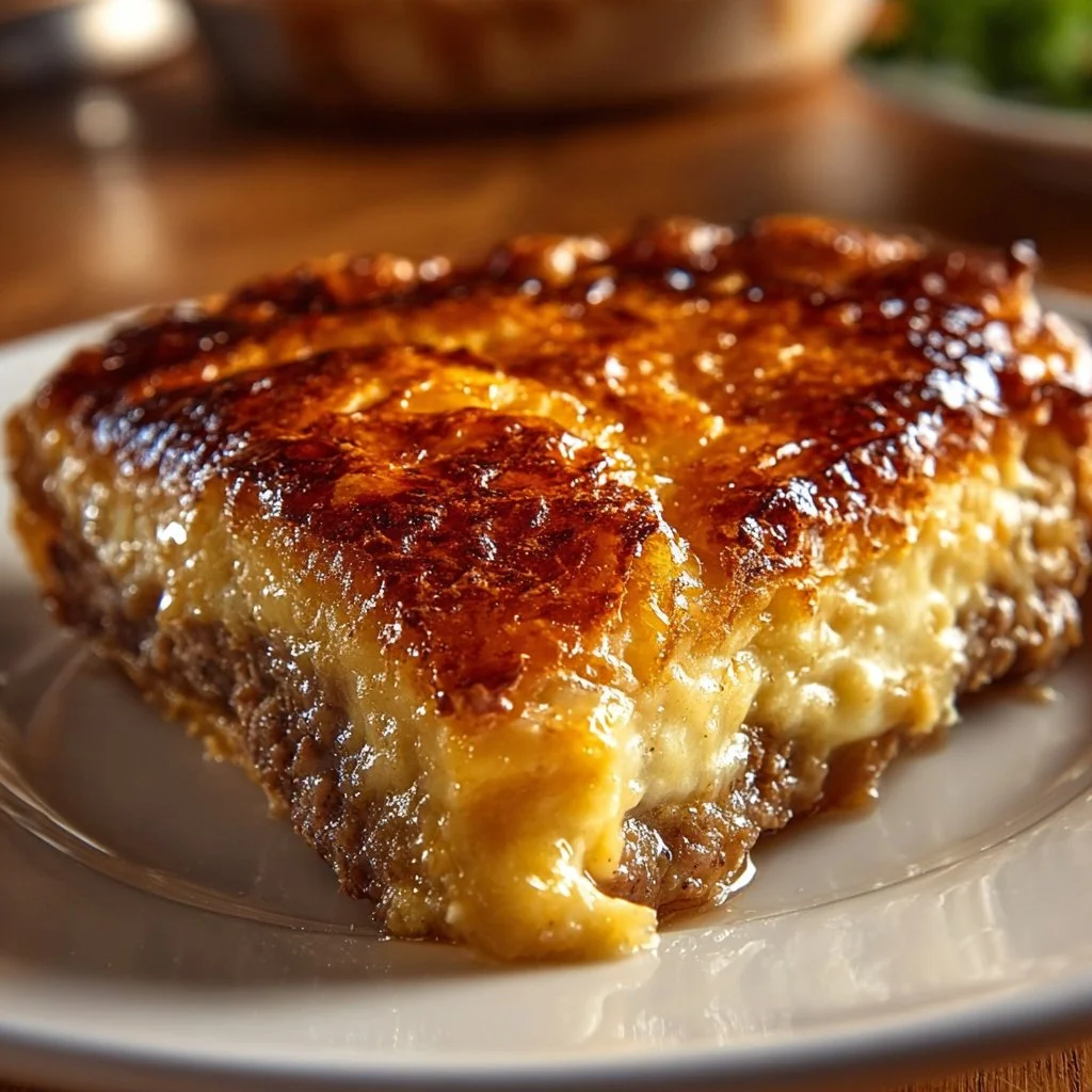 Amish Hamburger Steak Bake with seasoning and sides on a plate