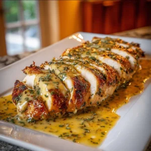 Baked Caesar Chicken with creamy parmesan sauce on a plate