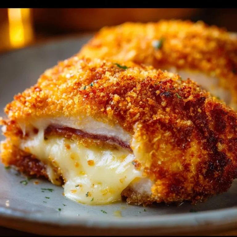 Baked Chicken Cordon Bleu with ham and cheese on a plate