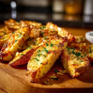 Baked garlic parmesan potato wedges served on a plate, garnished with herbs.
