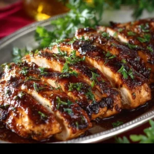 Balsamic baked chicken breast dish garnished with herbs and spices