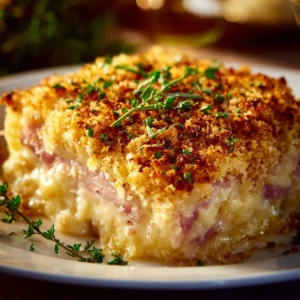 Delicious Chicken Cordon Bleu Casserole served with a fresh herb garnish.