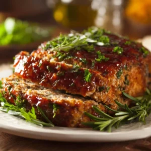 Delicious meatloaf topped with a tangy-sweet glaze