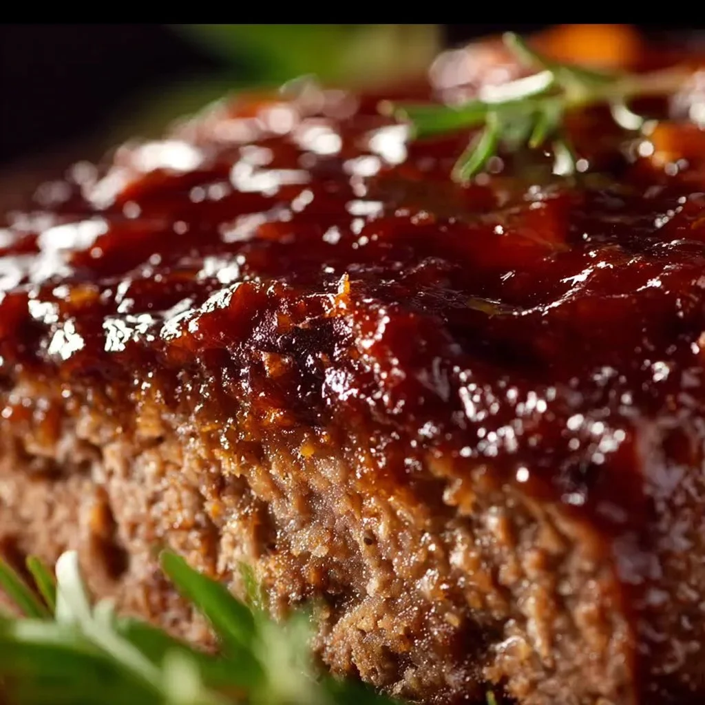 Delicious slice of moist meatloaf garnished with herbs and served on a plate