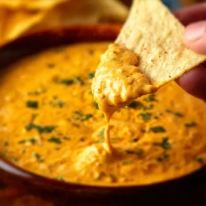 Plate of creamy Buffalo Chicken Dip garnished with green onions and served with tortilla chips.