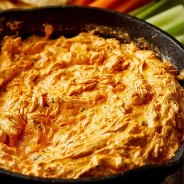 Bowl of creamy Buffalo Chicken Dip with crispy chips and fresh celery on the side.