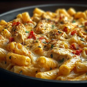 Cajun Cream Cheese Chicken Pasta Bake served in a baking dish with garnish.