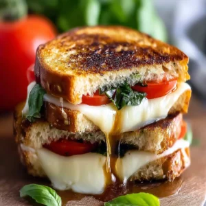 Delicious Caprese Grilled Cheese sandwich on a plate with fresh basil and tomatoes.