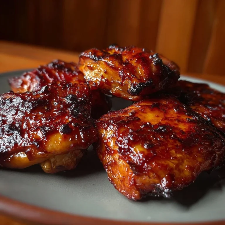 Delicious caramelized BBQ chicken thighs in the oven, golden brown and juicy.
