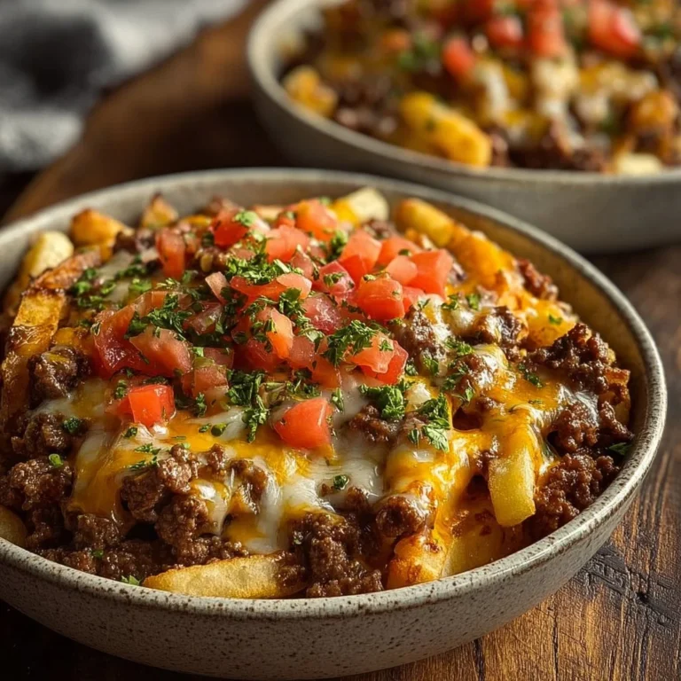 Delicious cheeseburger casserole topped with crispy French fries in a baking dish.