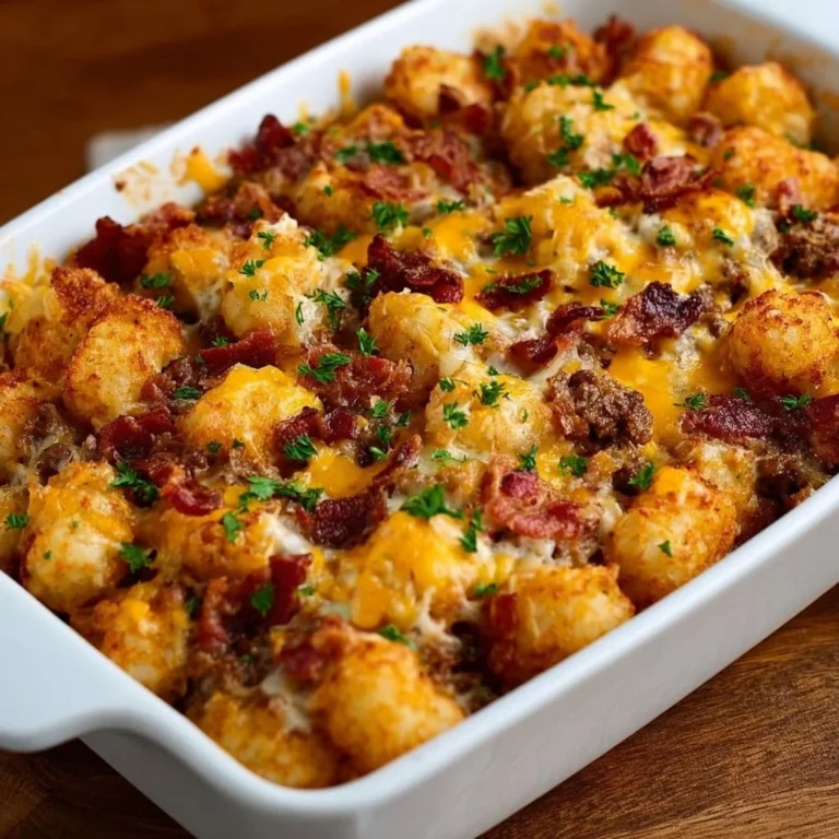 Cheeseburger Tater Tot Casserole in a baking dish, topped with melted cheese.