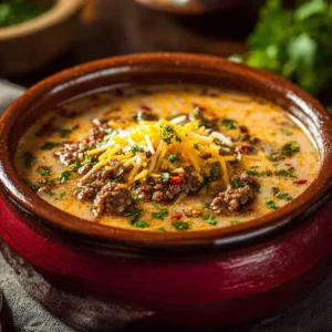 Bowl of cheesy beef and potato soup garnished with herbs