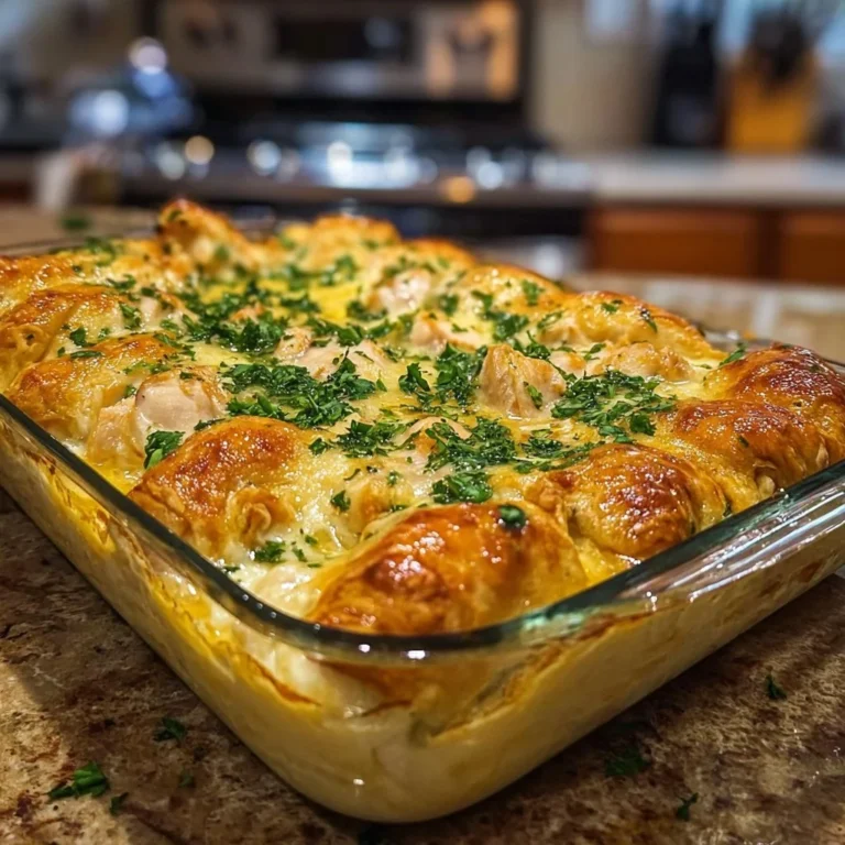 Cheesy Chicken Crescent Bake served on a plate, topped with melted cheese and herbs
