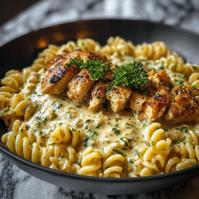 Creamy cheesy garlic chicken pasta served in a bowl with fresh herbs