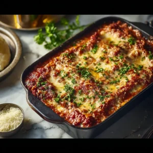 Cheesy loaded meatloaf casserole topped with cheese and crispy bacon