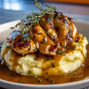 Delicious chicken gravy served with garlic and cheesy mashed potatoes