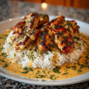 Plate of Chicken Scampi with creamy garlic parmesan rice