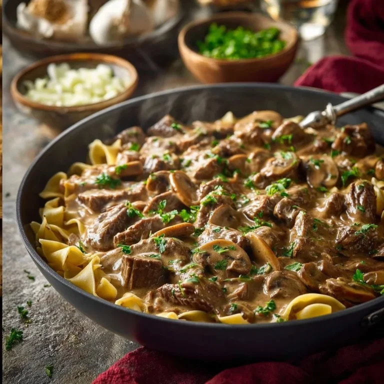 Delicious classic Beef Stroganoff served with egg noodles and garnished with parsley
