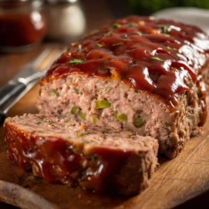 Classic homemade meatloaf served with mashed potatoes and green beans
