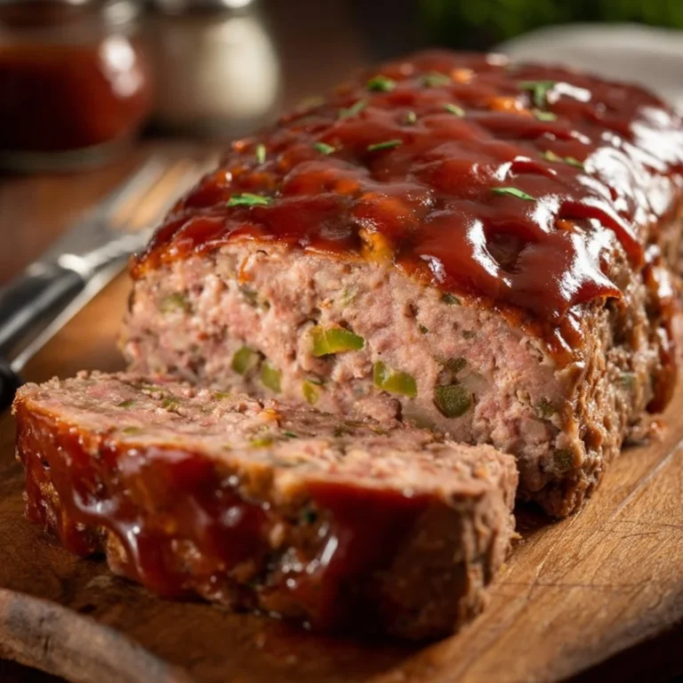 Classic homemade meatloaf served with mashed potatoes and green beans
