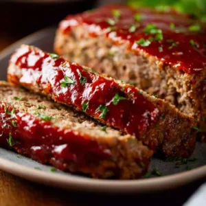 Classic homemade meatloaf served with mashed potatoes and green beans