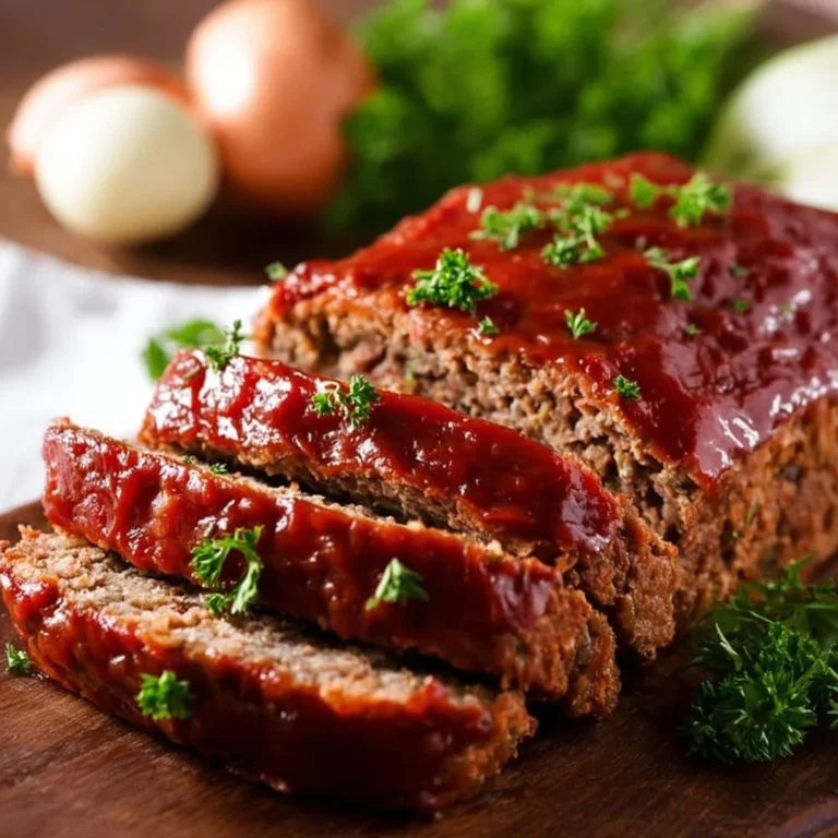 Delicious classic meatloaf served with mashed potatoes and garnished with parsley.