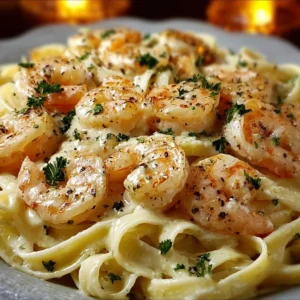 A delicious bowl of cozy Garlic Shrimp Alfredo with shrimp and creamy sauce.