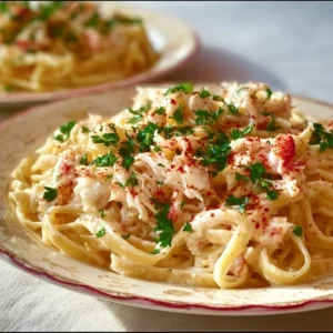 Delicious Crab Fettuccine Alfredo served in a bowl with herbs and parmesan cheese