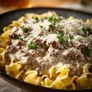 Creamy beef stroganoff served on a plate with fresh parsley garnish
