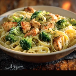Creamy broccoli chicken penne dish ready to serve