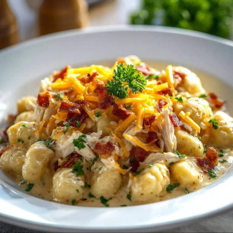 A delicious plate of creamy Crack Chicken Gnocchi, garnished for flavor.