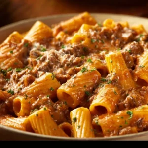 Bowls of creamy garlic butter beef pasta topped with parsley