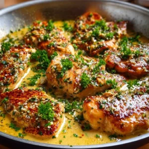 Creamy garlic butter chicken breast served on a plate with herbs