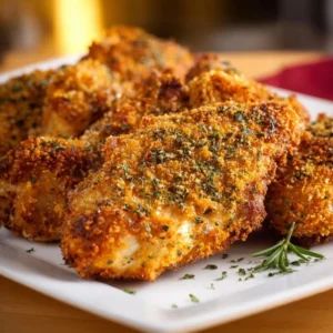 Creamy garlic chicken dish garnished with fresh herbs