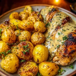 Creamy garlic chicken served with roasted potatoes for a hearty meal.