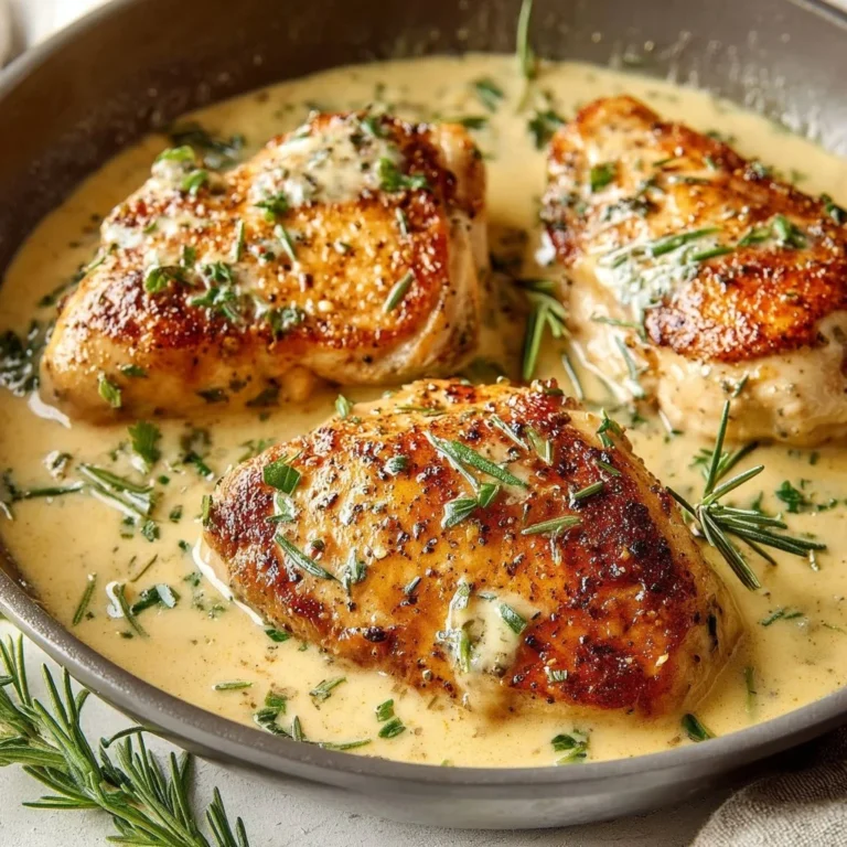 Creamy herb-baked chicken dish garnished with fresh herbs