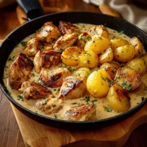 Creamy herb chicken with golden baby potatoes dish ready to serve.