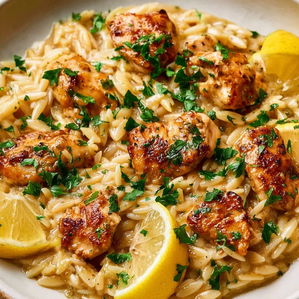 Creamy lemon chicken orzo dish garnished with herbs in a bowl