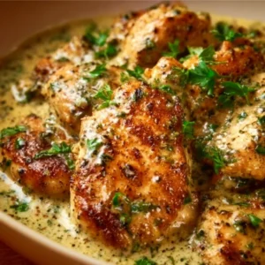 Delicious creamy ranch chicken served on a plate with herbs and spices