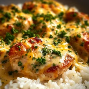 Creamy smothered chicken served over rice in a delicious sauce