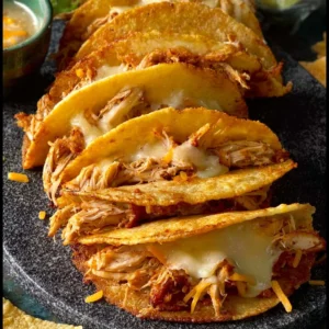 Plate of crispy chicken tacos topped with fresh vegetables and salsa