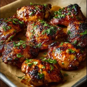 Crispy oven-baked chicken thighs on a plate garnished with herbs