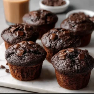 Decadent double chocolate chip muffins with rich chocolate chunks