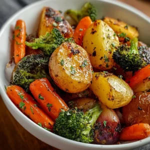 Bowl of garlic herb roasted potatoes and mixed veggies fresh out of the oven.