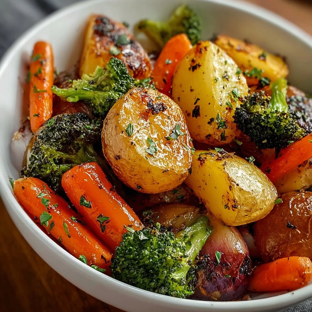Bowl of garlic herb roasted potatoes and mixed veggies fresh out of the oven.