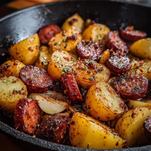 One-pan honey garlic kielbasa with roasted potatoes for a quick dinner.