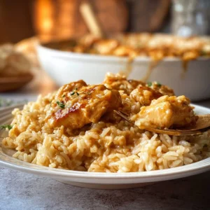 Delicious Dump & Bake Creamy Rice & Chicken dinner dish