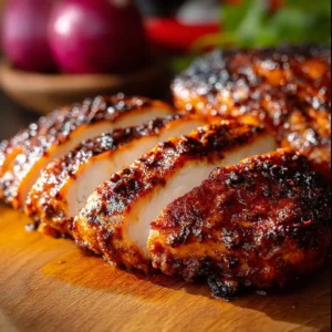 Juicy baked BBQ chicken breast served on a plate with side dishes