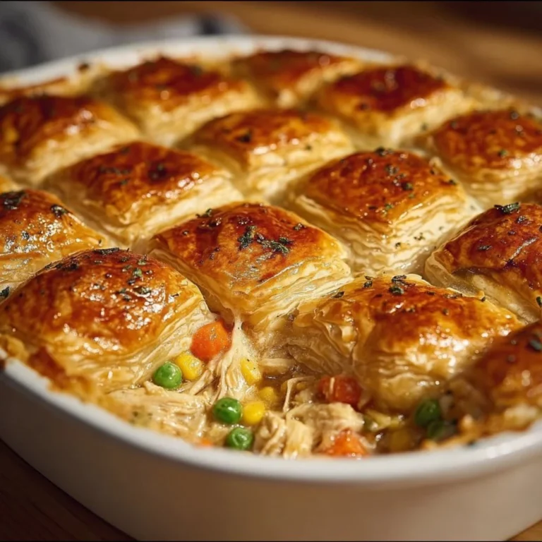 Easy homemade chicken pot pie casserole garnished with herbs